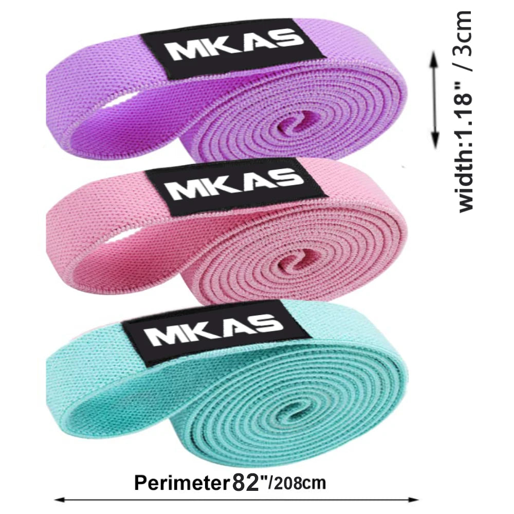 Three colorful resistance bands with MKAS branding and measurements on a white background