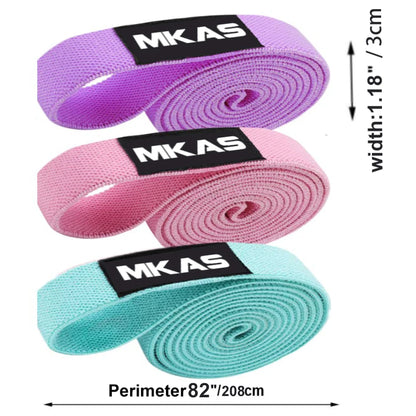 Three colorful resistance bands with MKAS branding and measurements on a white background