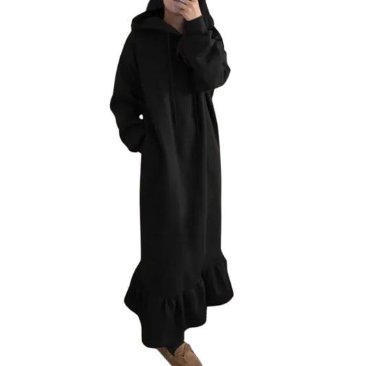 Comfortable Long Hoodie Dress with a floor-length pleated design, perfect for casual and elegant wear during autumn and winter.
