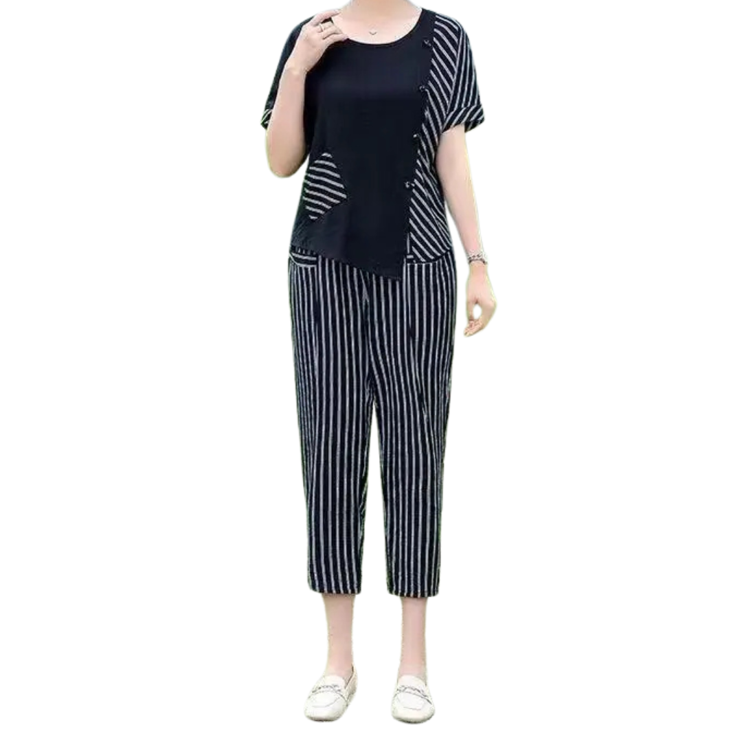 Comfortable short-sleeve blouse and ankle-length pants set, offering an effortless look for everyday wear in black