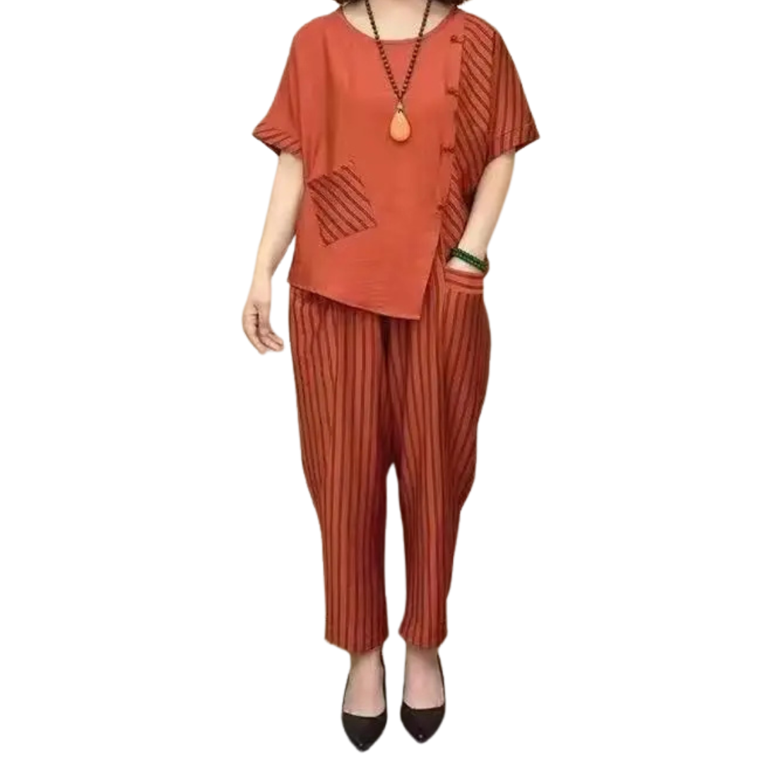 Lightweight  outfit with a chic blouse and comfortable pants, ideal for casual outings and relaxing at home in orange color
