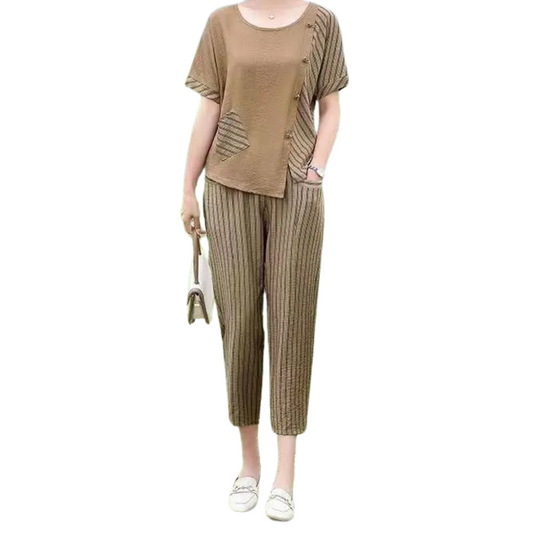 Vintage Cotton Linen Two-Piece Suit featuring a short-sleeve blouse and ankle-length pants, perfect for active seniors.
