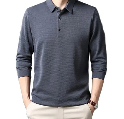 Men’s waffle-textured long sleeve polo shirt with a turn-down collar