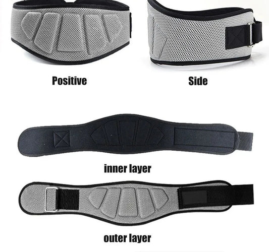 Padded belt with positive, side, inner layer, and outer layer views on a white background.
