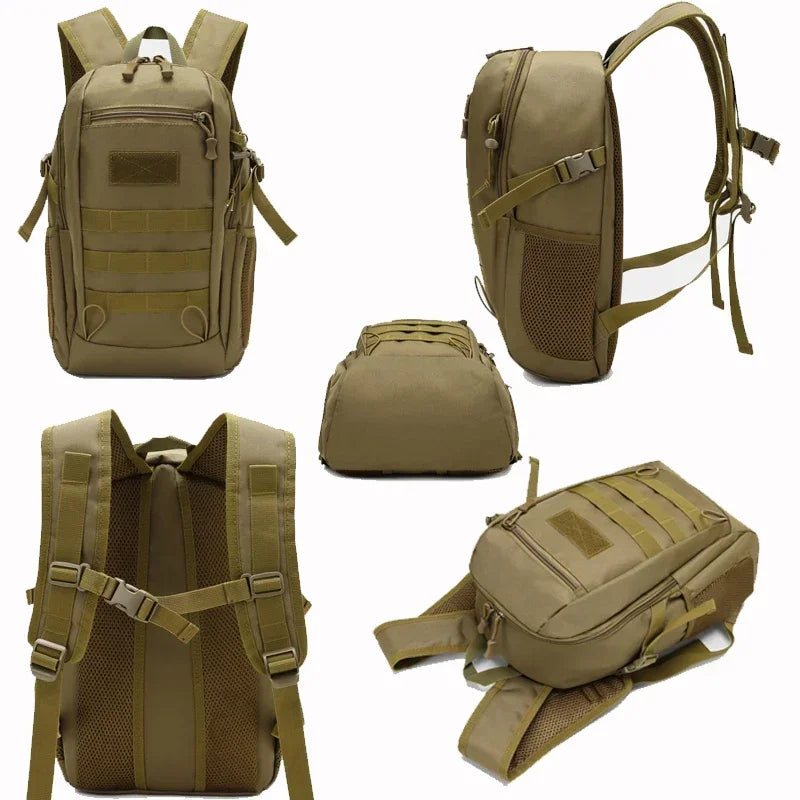 Waterproof outdoor backpack for hiking with durable oxford fabric and polyester lining.