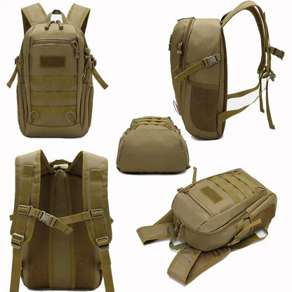 Waterproof outdoor backpack for hiking with durable oxford fabric and polyester lining.