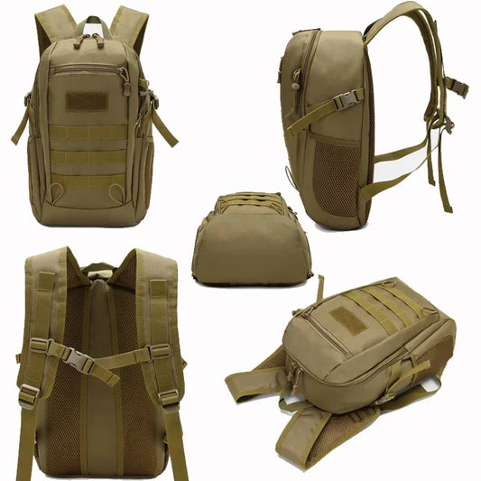 Waterproof outdoor backpack for hiking with durable oxford fabric and polyester lining.
