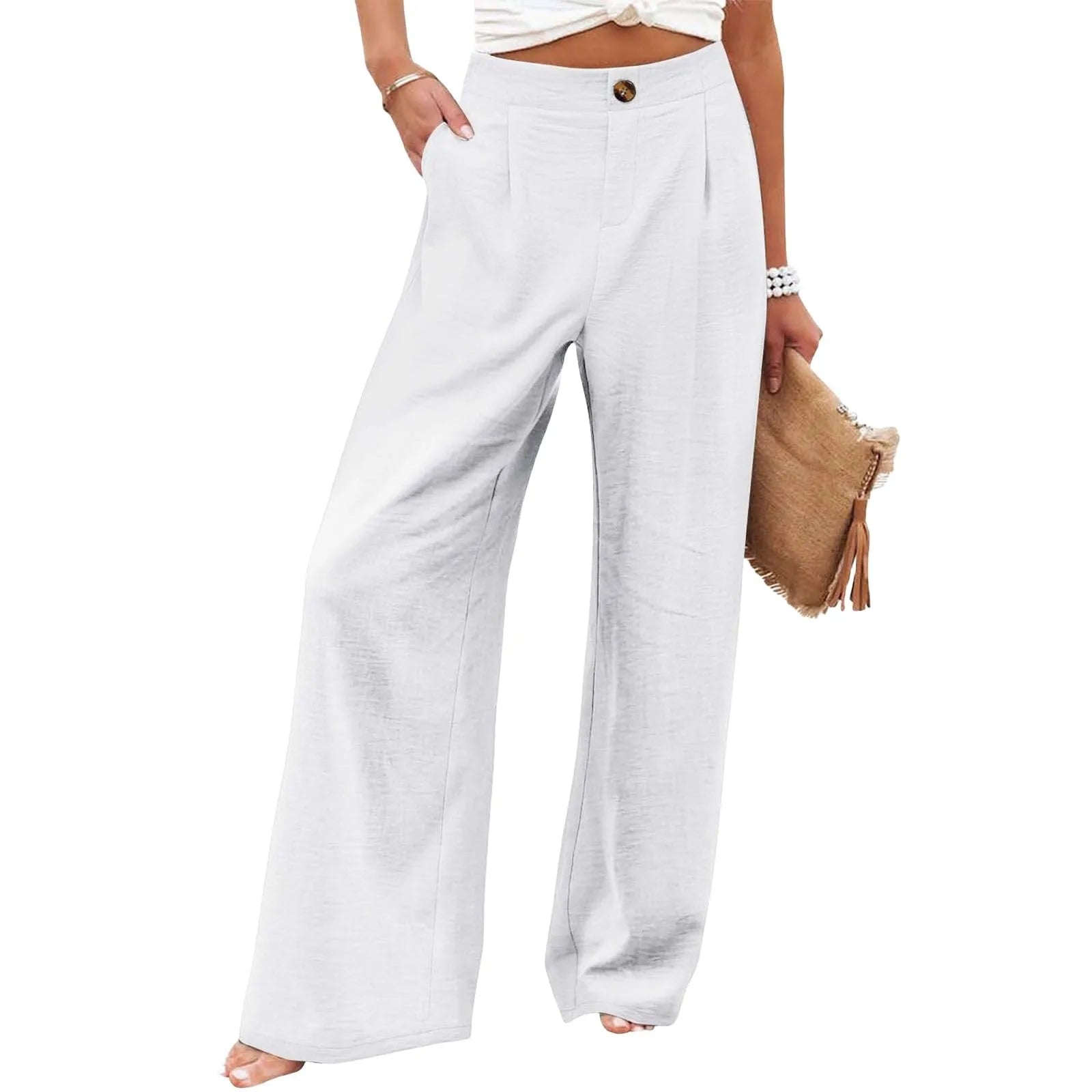 White wide-leg pants worn by a person on a white background