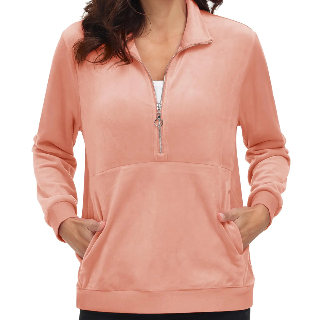 Women's Half Zip Fleece Pullover Hoodie shown on active senior wearing in apricot, highlighting comfort and mobility