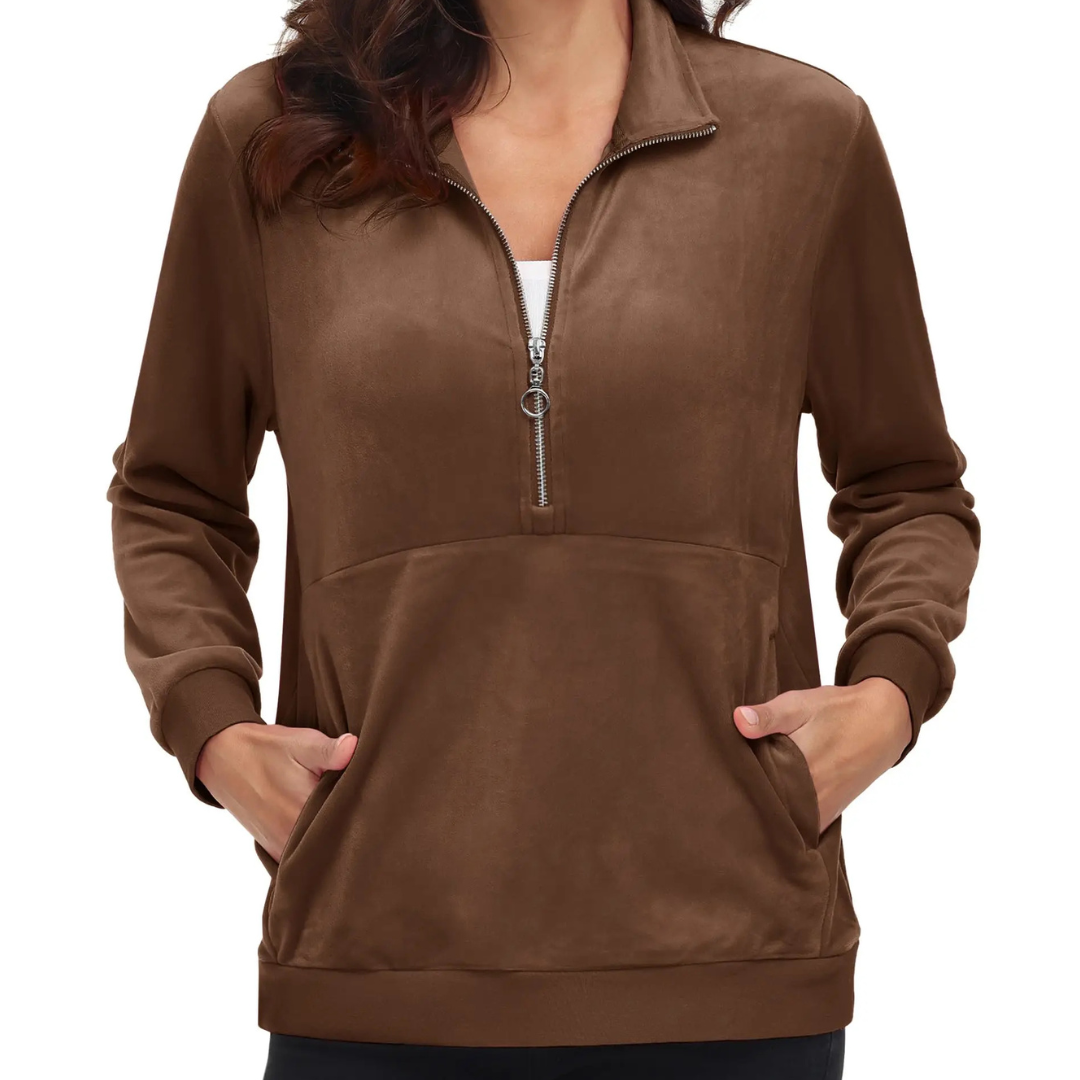 Women's Half Zip Fleece Pullover Hoodie shown on active senior wearing in coffee, highlighting comfort and mobility