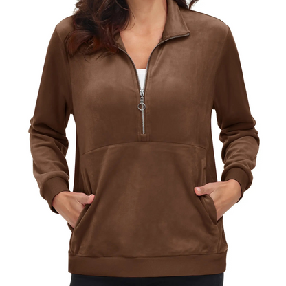 Women's Half Zip Fleece Pullover Hoodie shown on active senior wearing in coffee, highlighting comfort and mobility