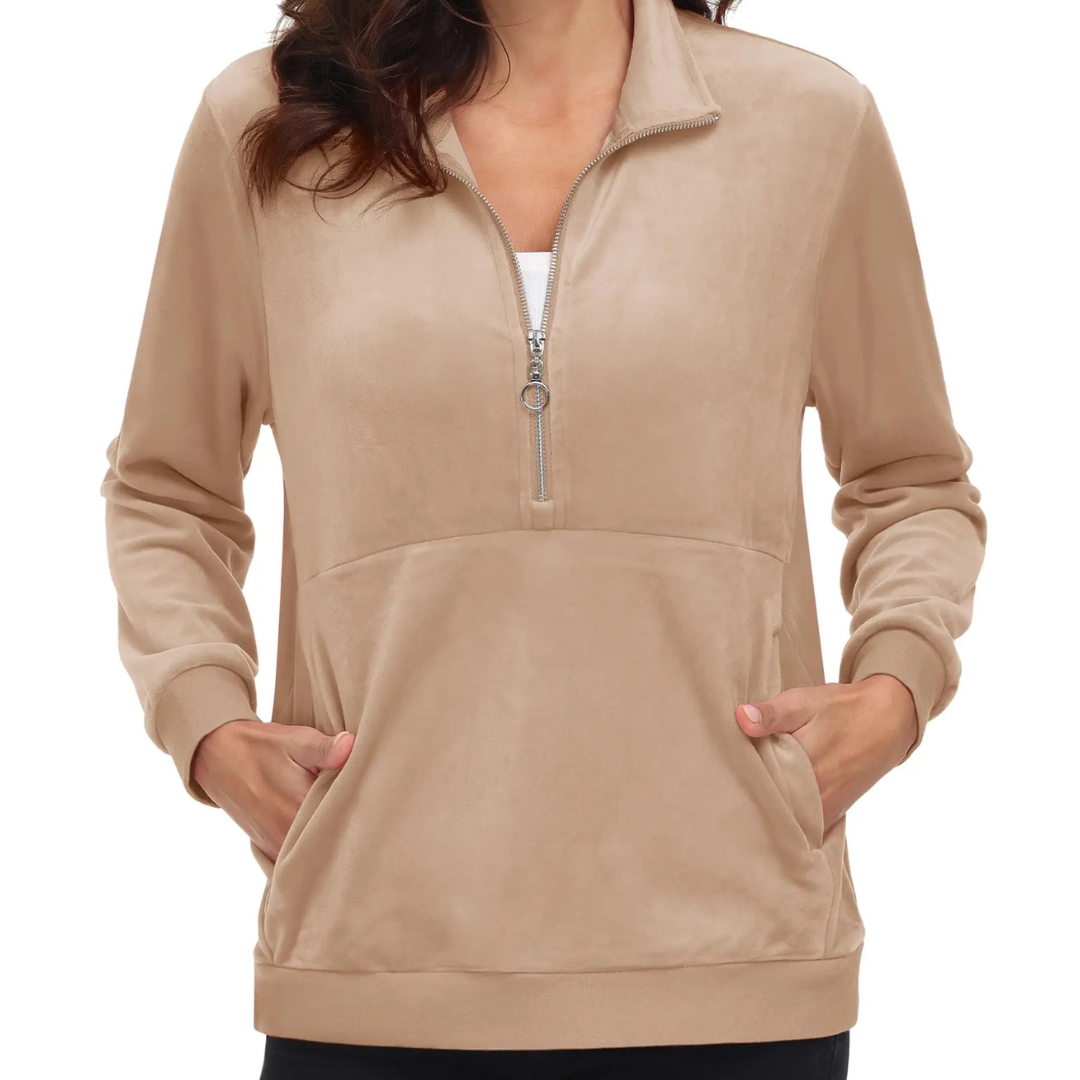 Women's Half Zip Fleece Pullover Hoodie shown on active senior wearing in light brown, highlighting comfort and mobility