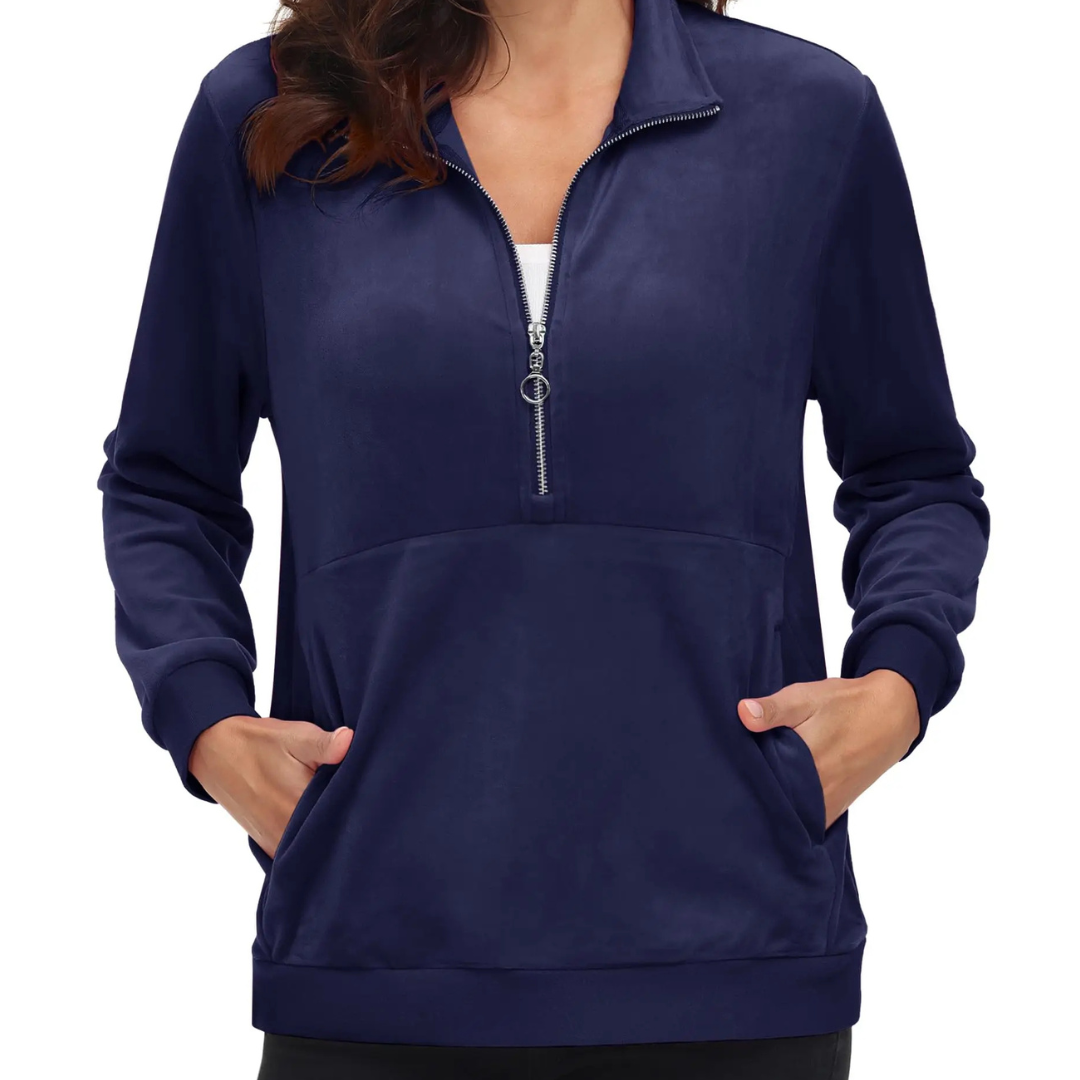 Women's Half Zip Fleece Pullover Hoodie shown on active senior wearing in navy blue, highlighting comfort and mobility
