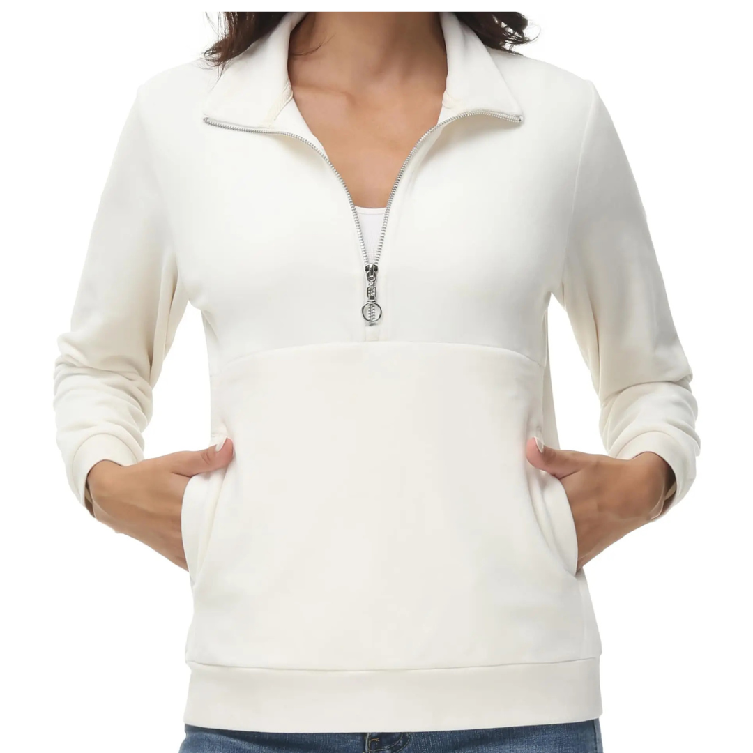 Women's Half Zip Fleece Pullover Hoodie shown on active senior wearing in white, highlighting comfort and mobility