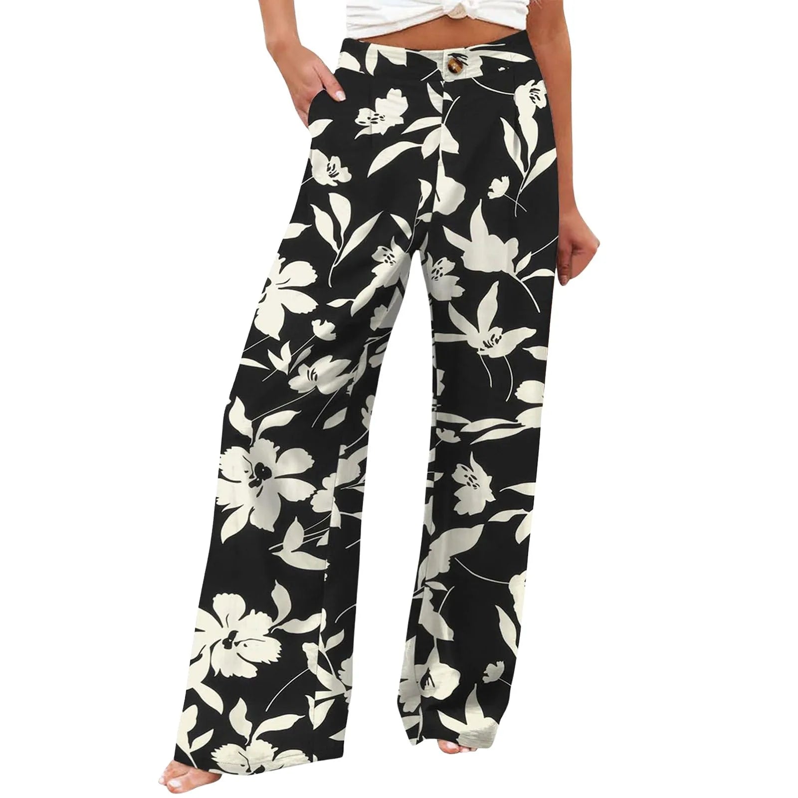 Full-length cotton-blend pants featuring black floral and button closure
