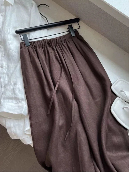 High waist loose linen wide pants in solid brown with flat front and wide-leg cut
