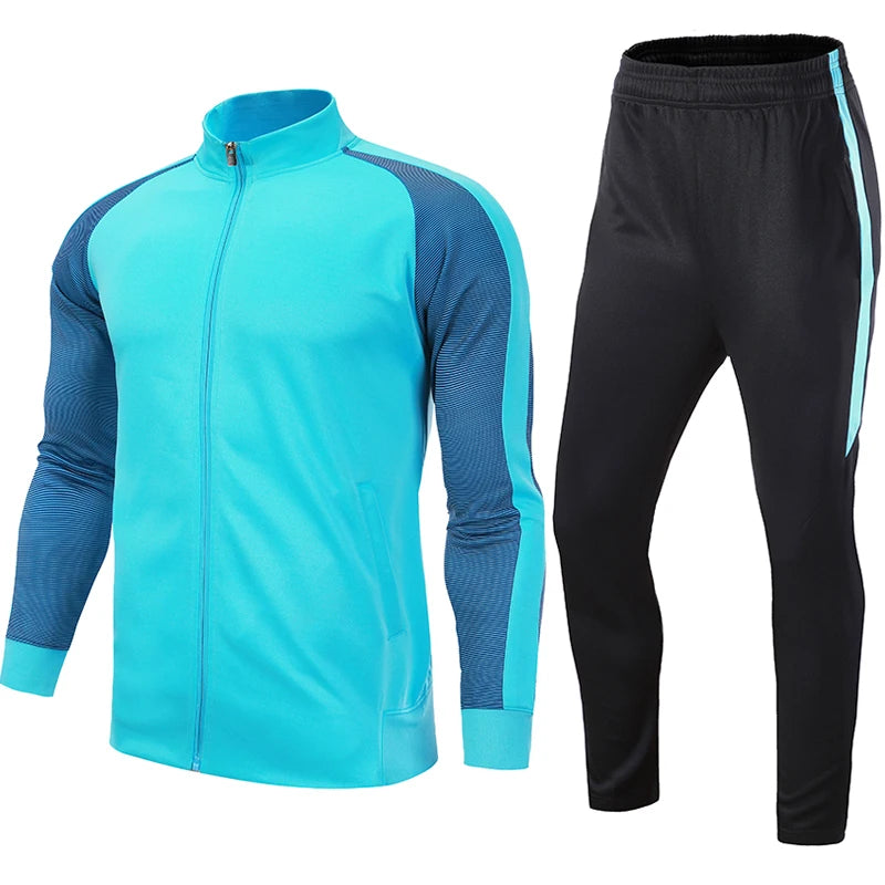 A two-piece men's soccer training tracksuit set in navy and green colors, including a full-zip jacket and matching elastic-waist pants.