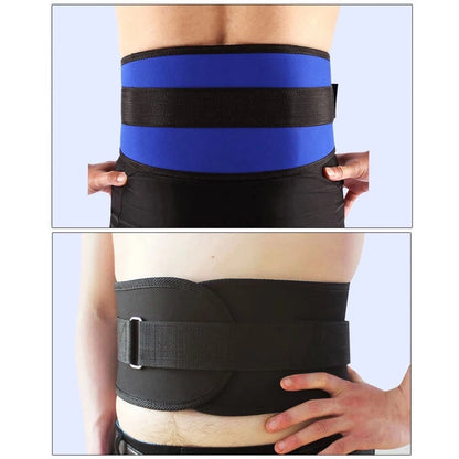 Two views of a person wearing a black and blue waist support belt.