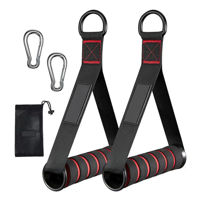 Black and red resistance band set with carabiners and a pouch on a white background