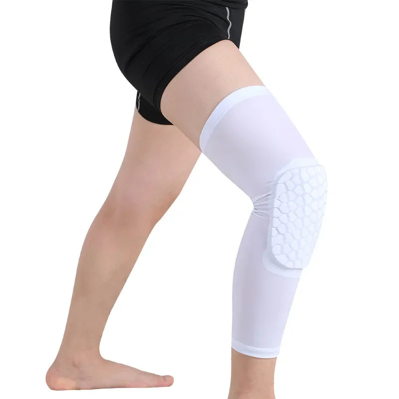 A display of sports knee compression braces in white color, with one brace shown in detail to highlight the silicone strips and honeycomb padding.