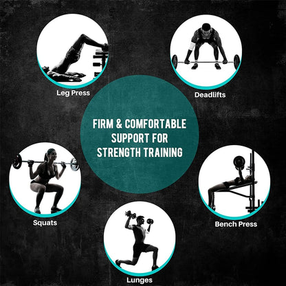 Illustrations of various strength training exercises with text on a dark background