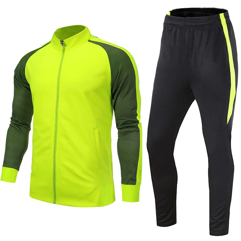 A two-piece men's soccer training tracksuit set in navy and green colors, including a full-zip jacket and matching elastic-waist pants.