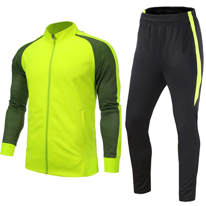 A two-piece men's soccer training tracksuit set in navy and green colors, including a full-zip jacket and matching elastic-waist pants.