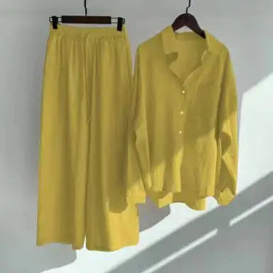 set of green retro oversized cotton-linen shirt and pants